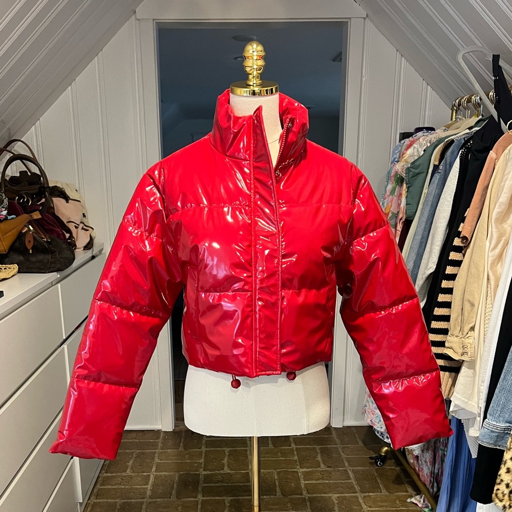 PrettyLittleThing Red Vinyl Bubble Puffer Jacket NWOT
